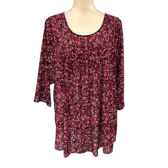 Michael Kors Top Women 1X Dark Purple Floral Chiffon Pleated Semi Sheer Blouse - Picture 1 of 8